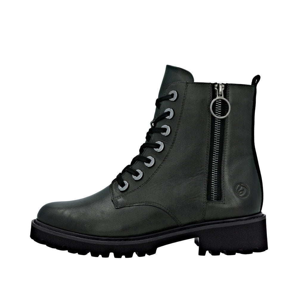 Remonte D8671-56 women's wide-fit green leather ankle boots with zip and lace-up closure, chunky heel, and rugged sole.