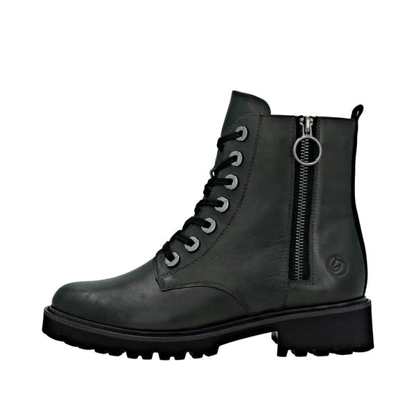 Remonte D8671-56 women's wide-fit green leather ankle boots with zip and lace-up closure, chunky heel, and rugged sole.