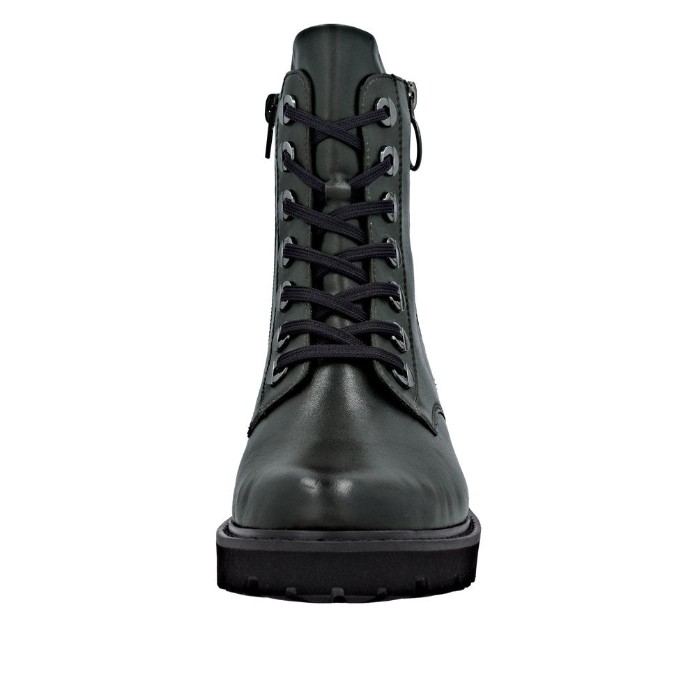Remonte D8671-56 women's wide green leather ankle boots with lace-up design, zipper, and chunky sole.