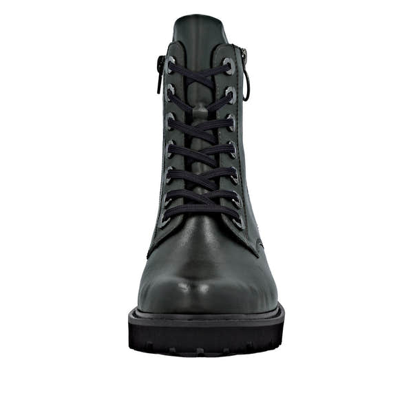 Remonte D8671-56 women's wide green leather ankle boots with lace-up design, zipper, and chunky sole.