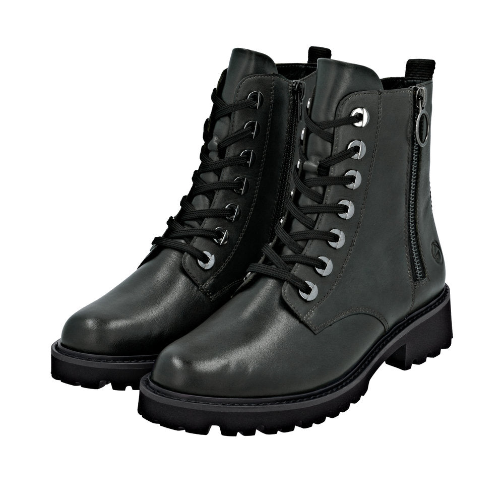 Remonte D8671-56 women's wide fit black leather ankle boots with zip and lace-up front, rugged sole, and side zipper detail.