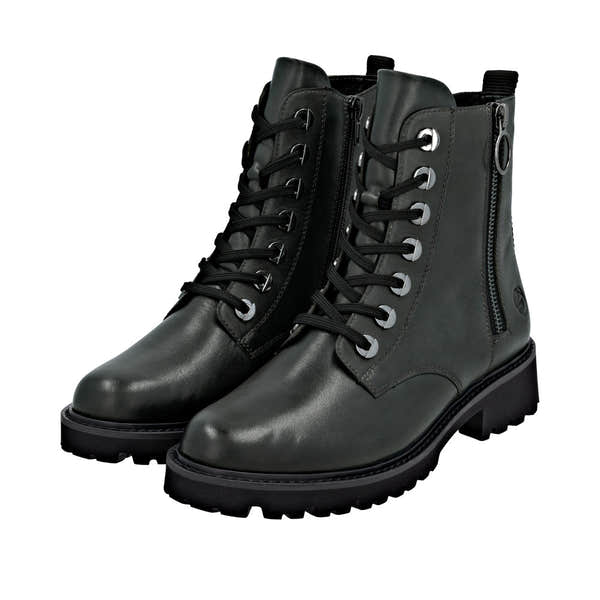 Remonte D8671-56 women's wide fit black leather ankle boots with zip and lace-up front, rugged sole, and side zipper detail.