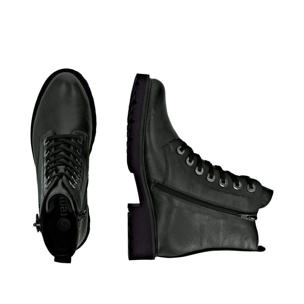 Remonte D8671-56 women's wide fit black leather ankle boots with zip and lace-up design, featuring a sturdy sole.