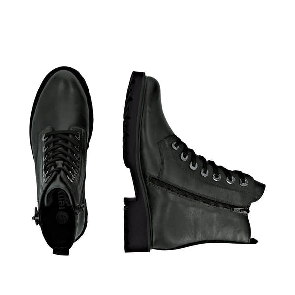 Remonte D8671-56 women's wide fit black leather ankle boots with zip and lace-up design, featuring a sturdy sole.