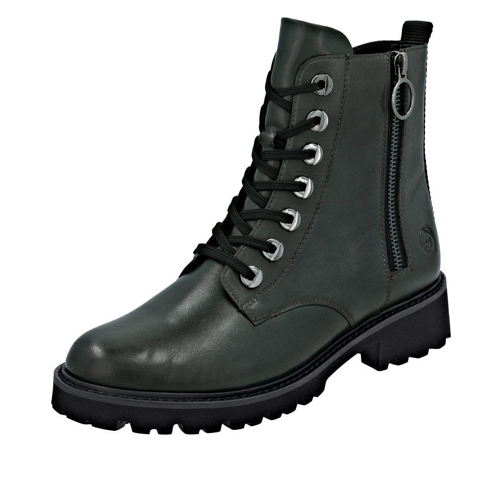 Remonte D8671-56 women's wide-fit green leather ankle boots with lace-up front and side zipper.