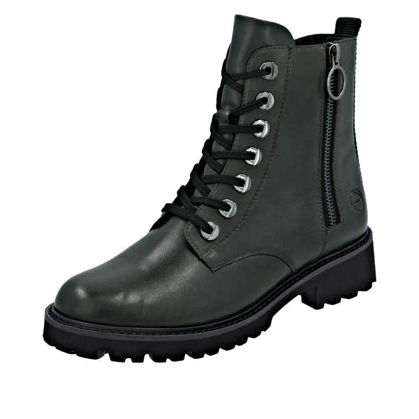 Remonte D8671-56 women's wide-fit green leather ankle boots with lace-up front and side zipper.