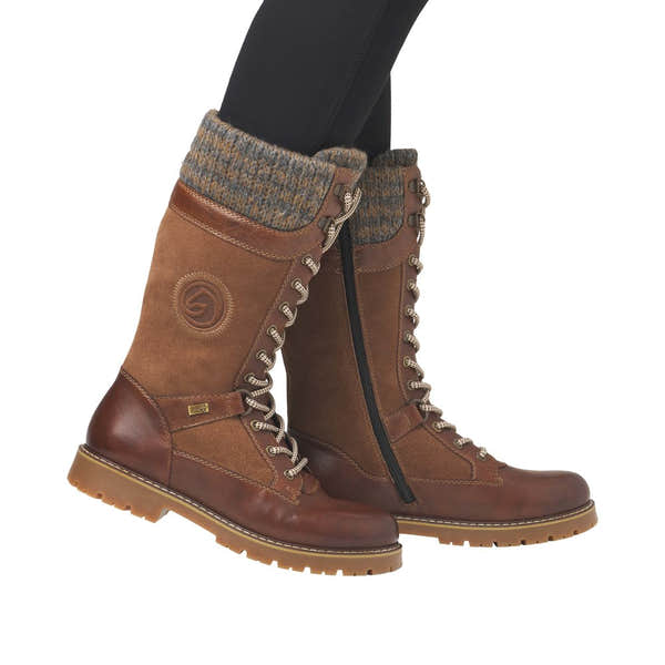 Remonte D9380-20 women's wide-fit brown suede water-resistant mid-calf boots with laces, zippers, and textured knit cuffs.