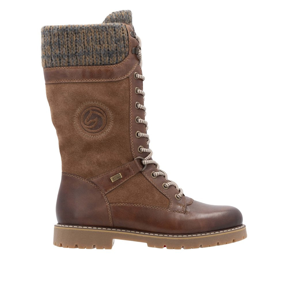 Remonte D9380-20 women's waterproof brown suede mid-calf boots with zip and lace-up closure, padded cuff, and rugged sole.