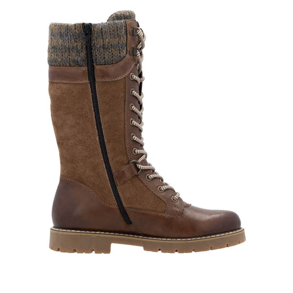 Remonte D9380-20 women's wide brown suede water-resistant mid-calf boots with laces and side zipper, featuring a knit cuff.