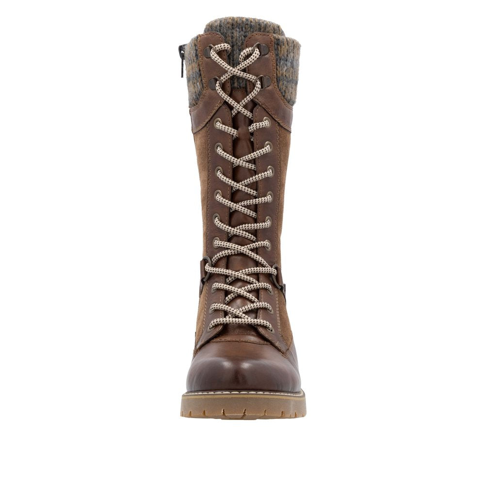 Remonte D9380-20 women’s wide-fit brown suede water-resistant mid-calf boots with lace-up and zip closure.