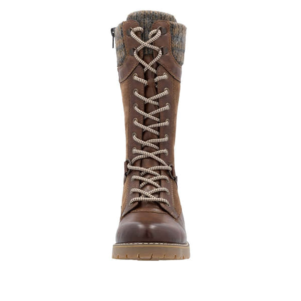 Remonte D9380-20 women’s wide-fit brown suede water-resistant mid-calf boots with lace-up and zip closure.
