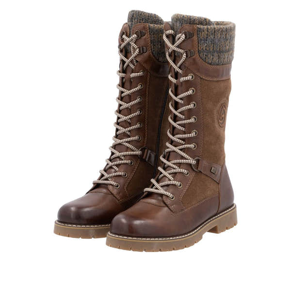 Remonte D9380-20 women's wide brown suede waterproof zip and lace mid-calf boots with checkered knit collar.