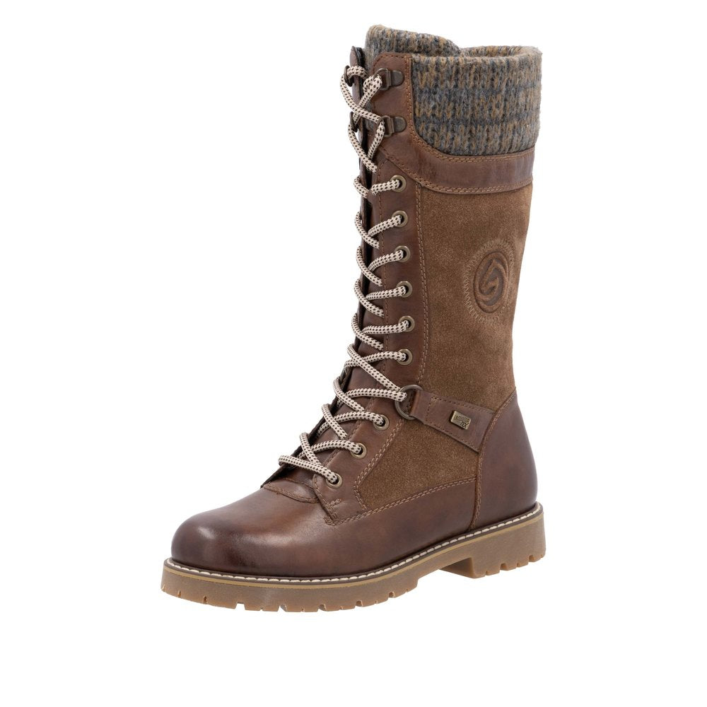 Remonte D9380-20 women's wide-fit brown suede waterproof mid-calf boots with lace and zip closure, stylish and functional footwear.