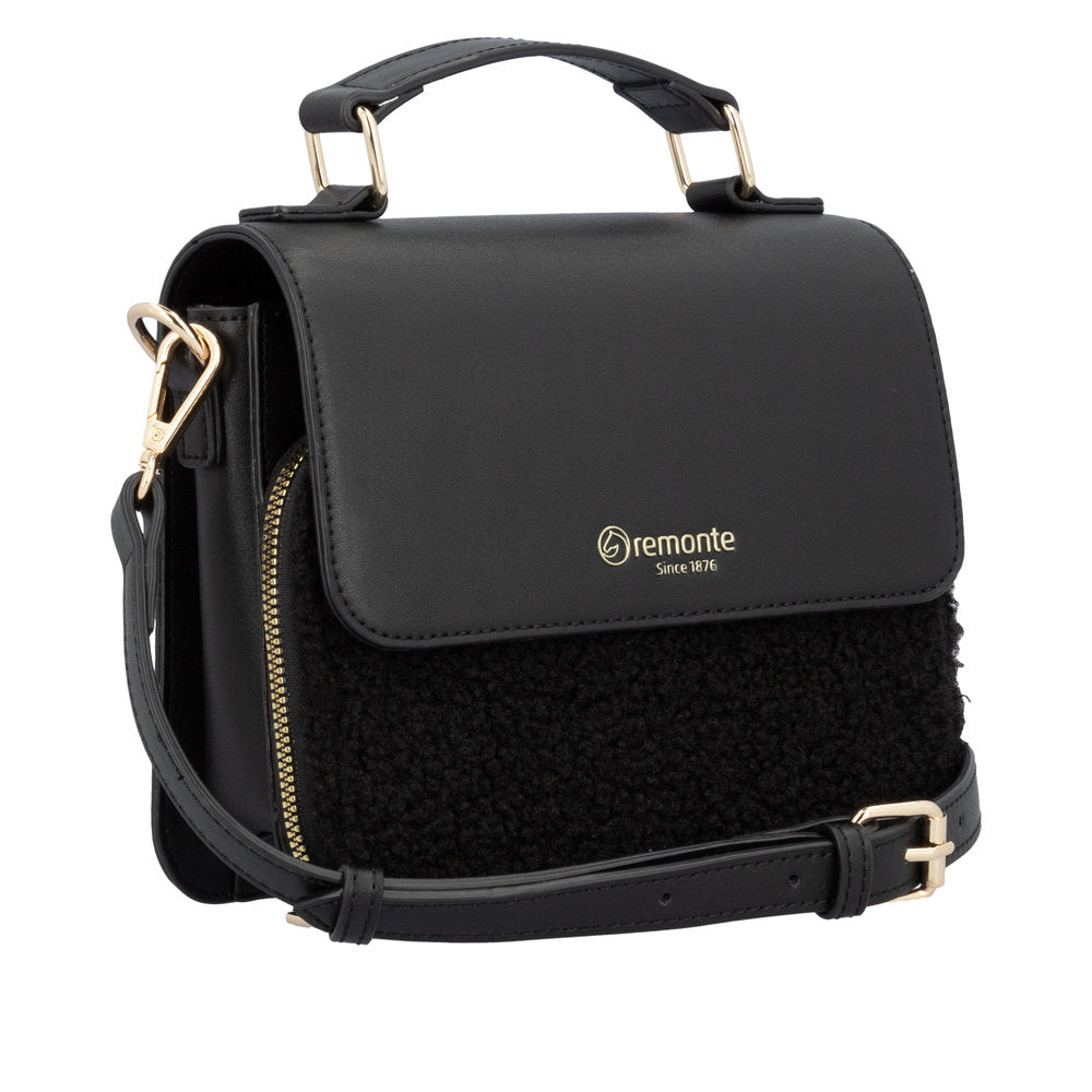 Remonte Q0632-02 black handbag with zip closure, front flap, gold accents, adjustable strap, and textured fabric detail.