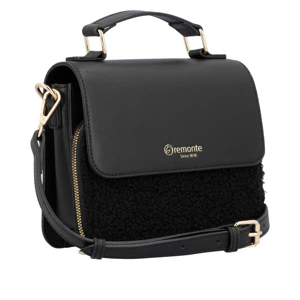 Remonte Q0632-02 black handbag with zip closure, front flap, gold accents, adjustable strap, and textured fabric detail.