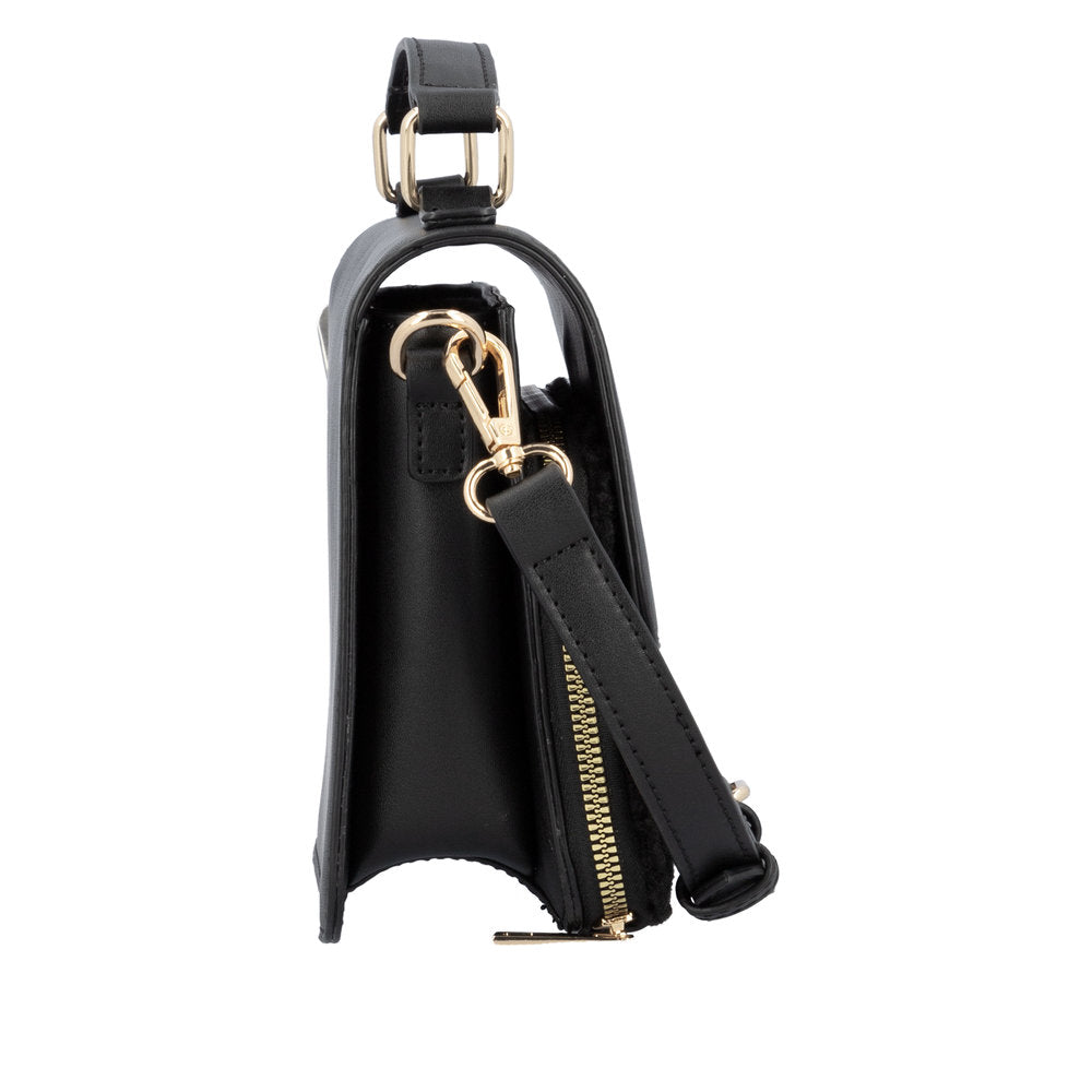 Remonte Q0632-02 black leather handbag with gold zipper, adjustable strap, and side pocket for women.