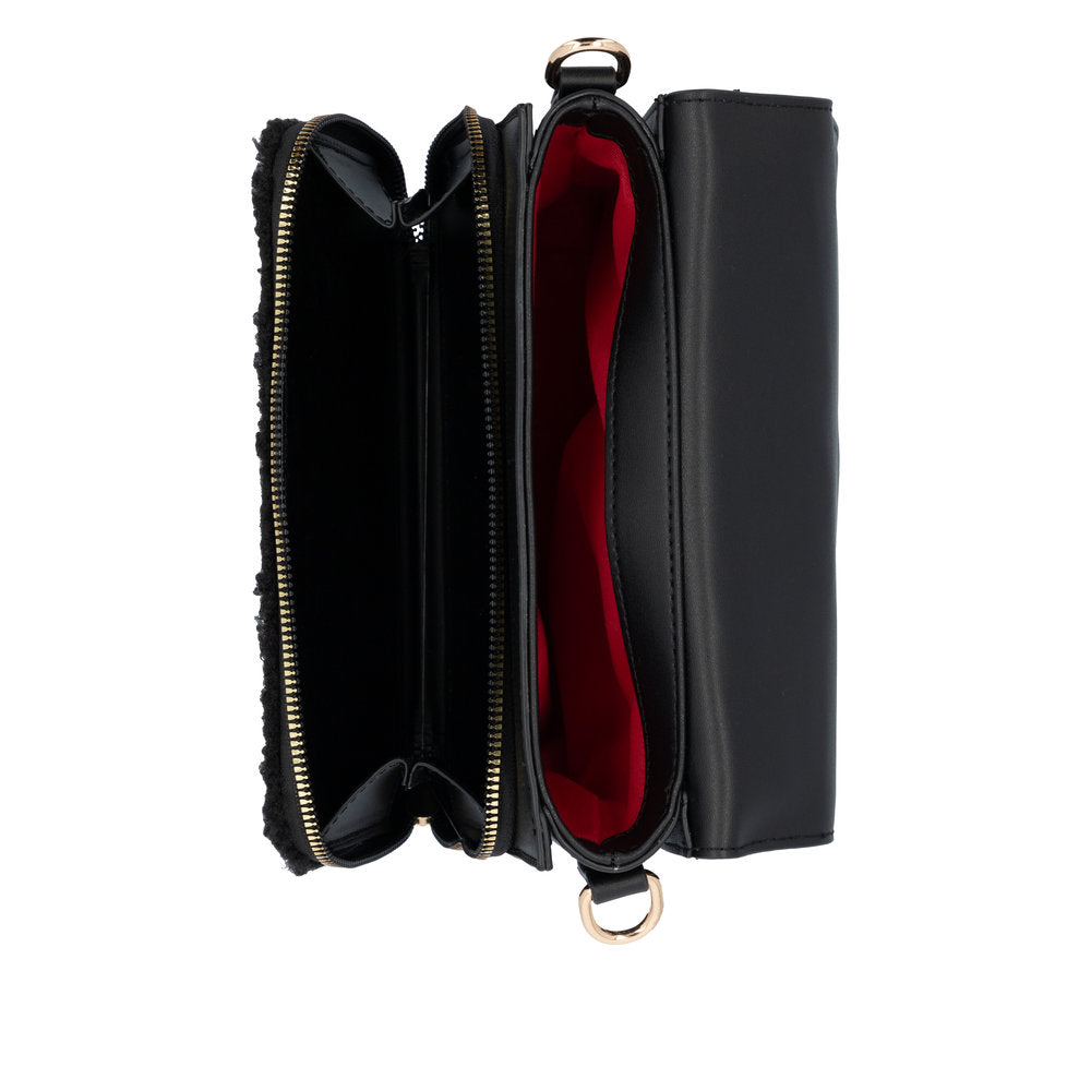Remonte Q0632-02 black handbag with zip closure, interior pocket, and red lining, featuring a sleek, stylish design.