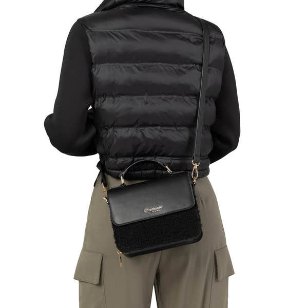 Remonte Q0632-02 black handbag with zip, shoulder strap, and mixed leather and fabric design.