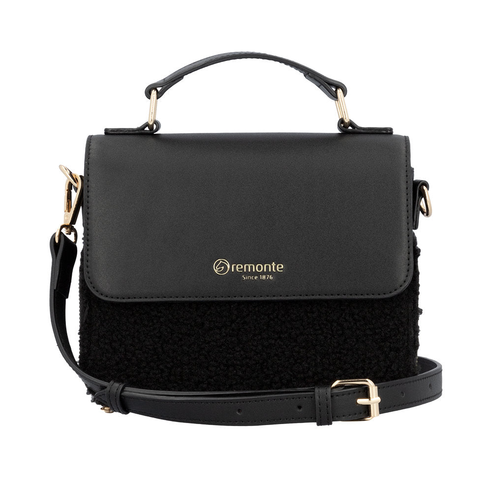 Remonte Q0632-02 black handbag with zip closure, top handle, and adjustable shoulder strap, featuring mixed textured and smooth finish.