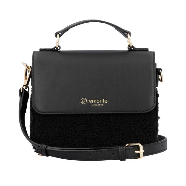 Remonte Q0632-02 black handbag with zip closure, top handle, and adjustable shoulder strap, featuring mixed textured and smooth finish.