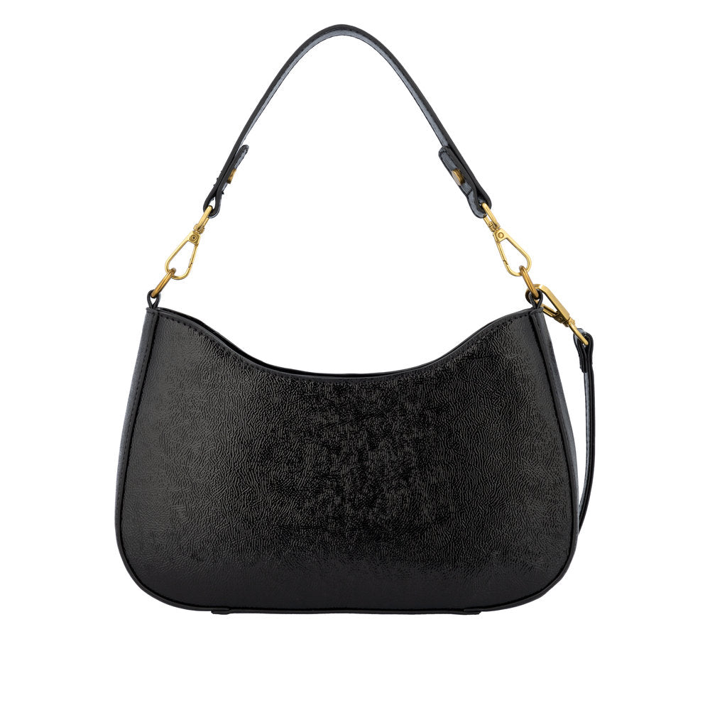 Remonte Q0721-02 women's black leather handbag with gold-tone hardware and adjustable strap.