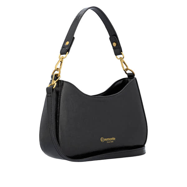 Remonte Q0721-02 Women's black leather handbag with gold hardware and adjustable strap.
