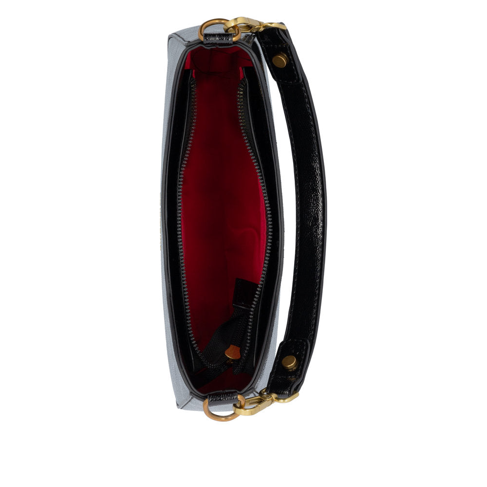 Remonte Q0721-02 Ladies Black Handbag with interior red lining, gold hardware, and zip closure.