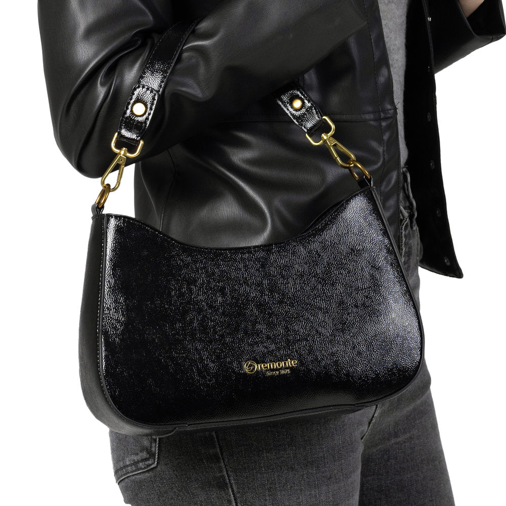Remonte Q0721-02 Ladies Black Handbag with textured finish, gold logo, and adjustable strap, stylish accessory for women.