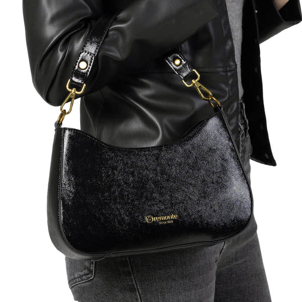 Remonte Q0721-02 Ladies Black Handbag with textured finish, gold logo, and adjustable strap, stylish accessory for women.