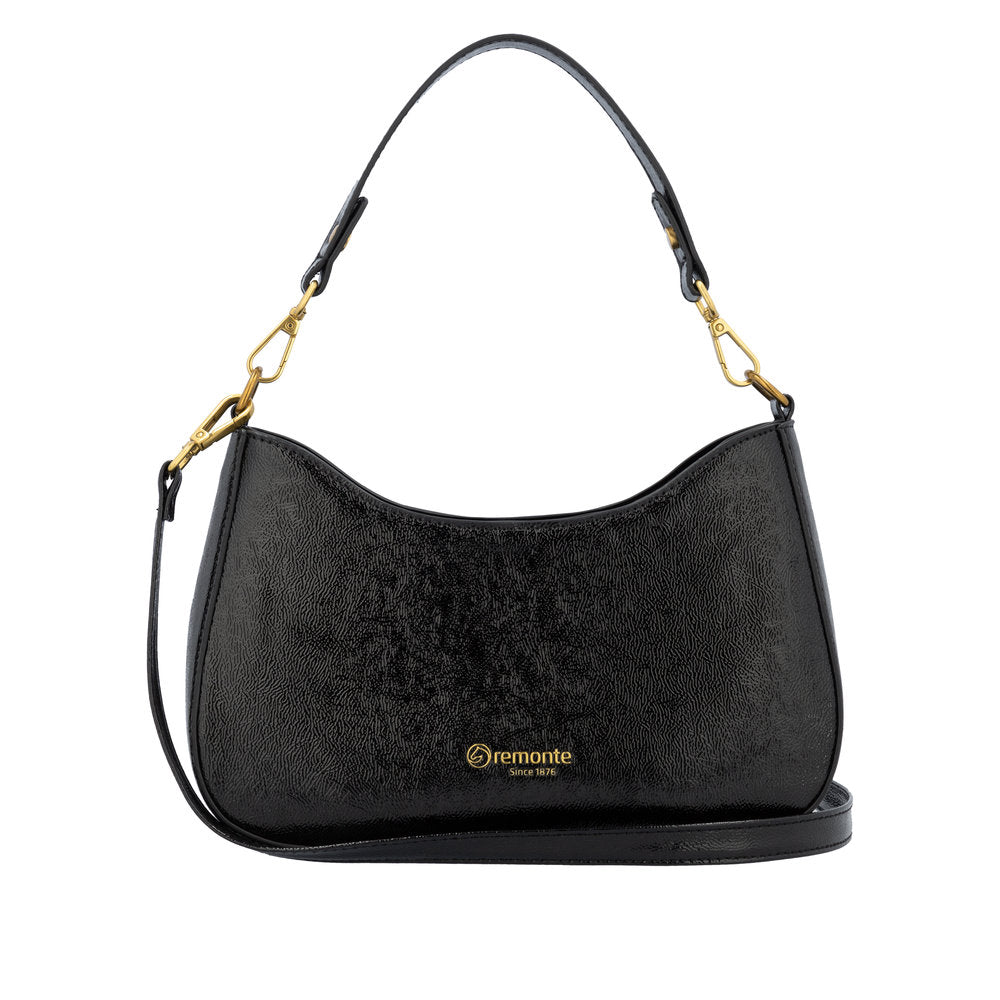 Remonte Q0721-02 Ladies black leather handbag with gold-tone hardware and adjustable shoulder strap.