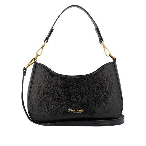 Remonte Q0721-02 Ladies black leather handbag with gold-tone hardware and adjustable shoulder strap.