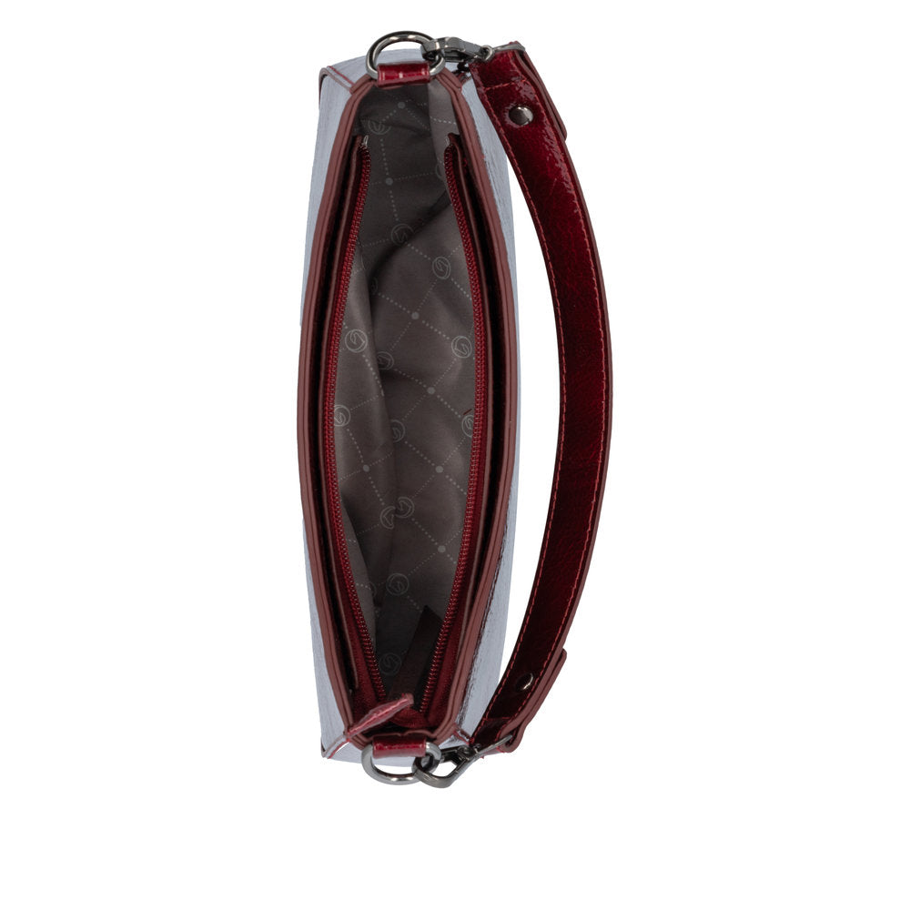 Remonte Q0721-33 red handbag with zipper, top view showing interior and chain strap details.