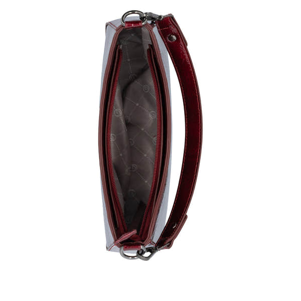 Remonte Q0721-33 red handbag with zipper, top view showing interior and chain strap details.