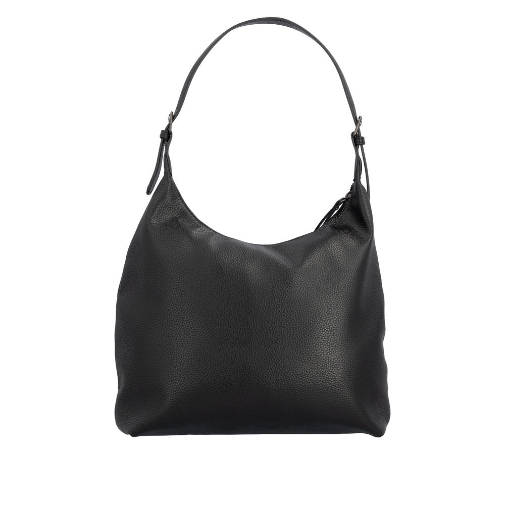 Remonte Q0725-00 black handbag with zip closure, minimalist design, textured material, and adjustable shoulder strap.