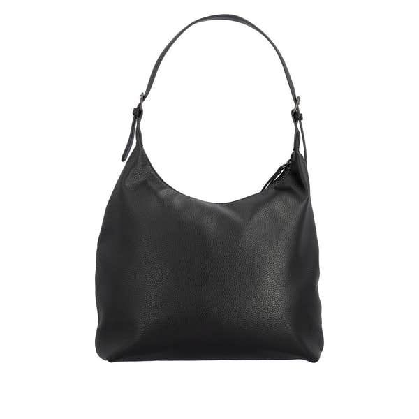 Remonte Q0725-00 black handbag with zip closure, minimalist design, textured material, and adjustable shoulder strap.