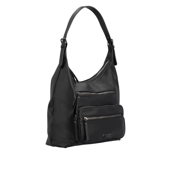 Remonte Q0725-00 black leather handbag with multiple zippered pockets and adjustable shoulder strap.