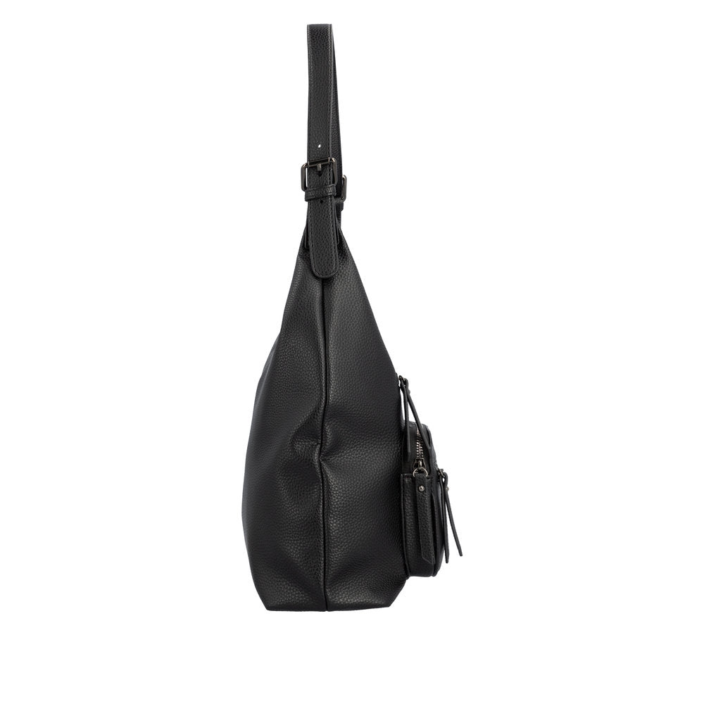 Remonte Q0725-00 black leather handbag with zip closure, adjustable strap, and compact side pockets.