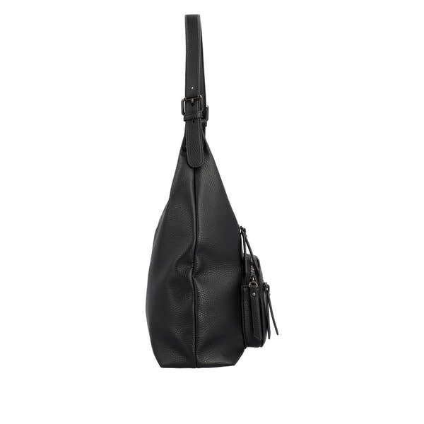 Remonte Q0725-00 black leather handbag with zip closure, adjustable strap, and compact side pockets.