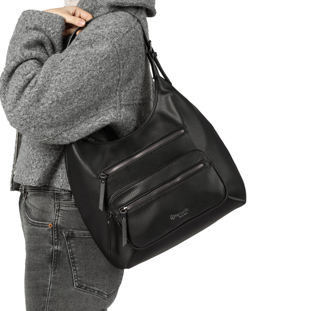 Remonte Q0725-00 Black leather handbag with multiple zippered compartments and sturdy handles.
