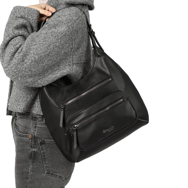 Remonte Q0725-00 Black leather handbag with multiple zippered compartments and sturdy handles.