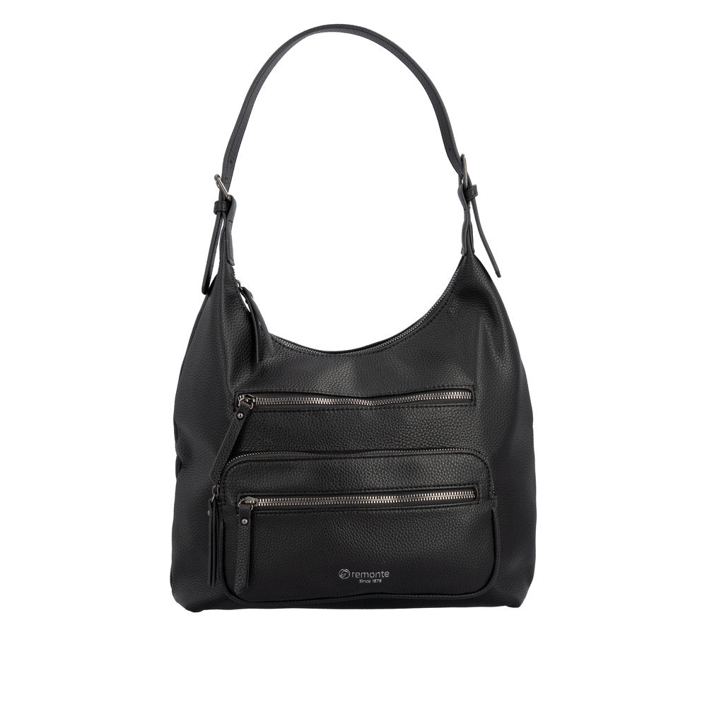 Remonte Q0725-00 black leather handbag with zippered front pockets and adjustable strap.