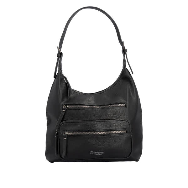 Remonte Q0725-00 black leather handbag with zippered front pockets and adjustable strap.