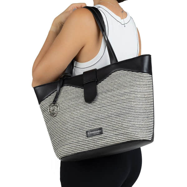 Remonte Q0759-02 black and white tote bag with textured pattern, leather accents, shoulder straps, and logo tag.