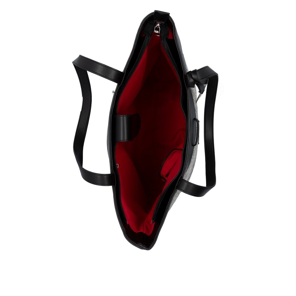 Remonte Q0759-02 black and white tote bag with red interior, spacious design, leather handles, and zipper closure.