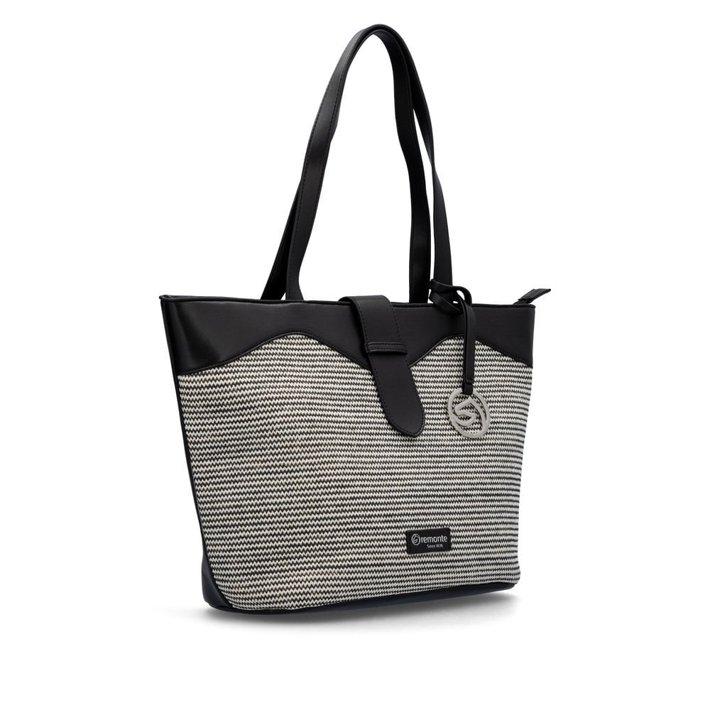 Remonte Q0759-02 black and white tote bag with fabric and faux leather, adjustable straps, and circular logo charm.