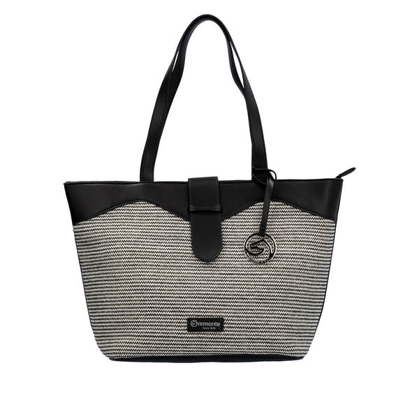 Remonte Q0759-02 black and white tote bag with leather handles, zip closure, and logo charm, stylish and spacious for everyday use.