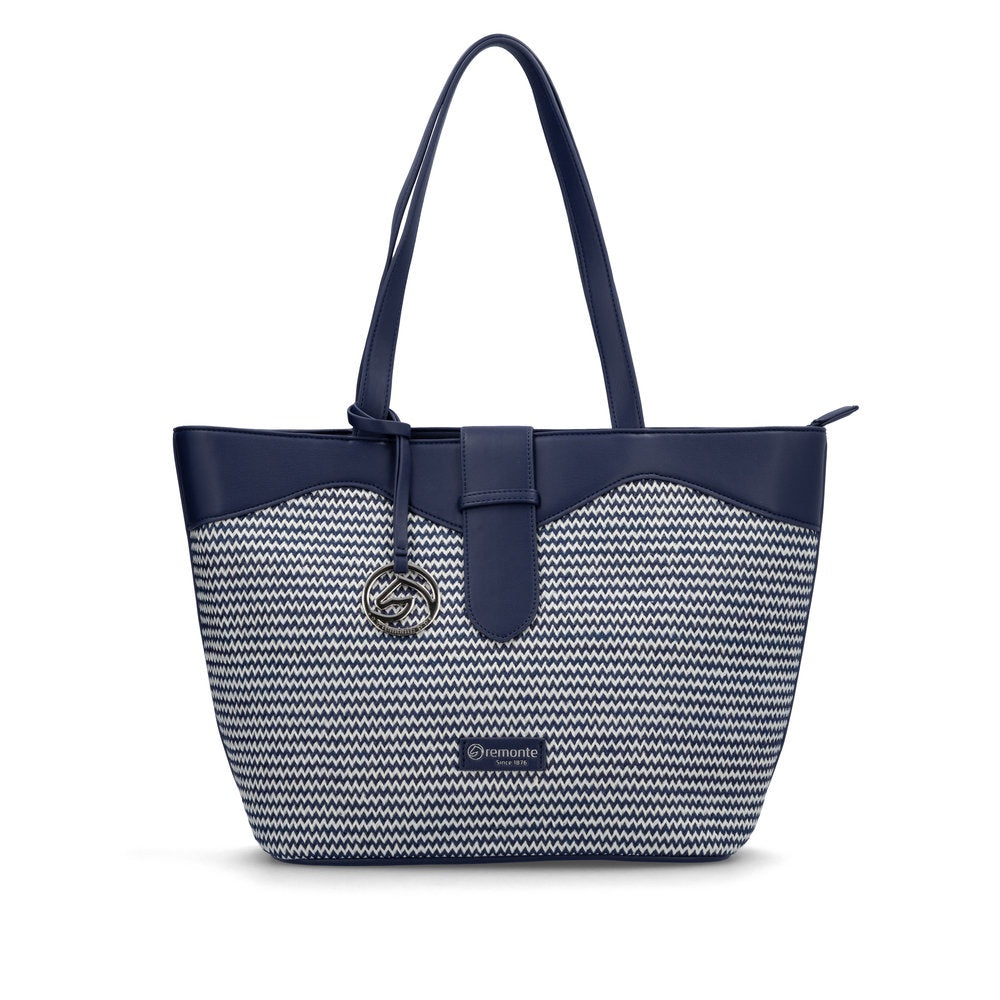 Remonte Q0759-14 Blue and White woven tote bag with leather accents, dual handles, and a decorative metal charm.