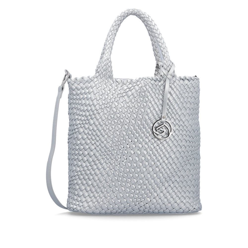 Remonte Q0761-90 silver oversized woven tote bag with braided handles and metal logo charm.