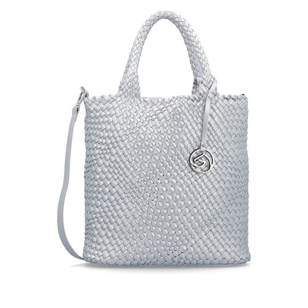 Remonte Q0761-90 silver oversized woven tote bag with braided handles and metal logo charm.