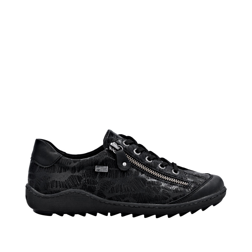 Remonte R1402-00 women's black water-resistant lace-up shoes with zippers, wide fit, and textured synthetic upper.